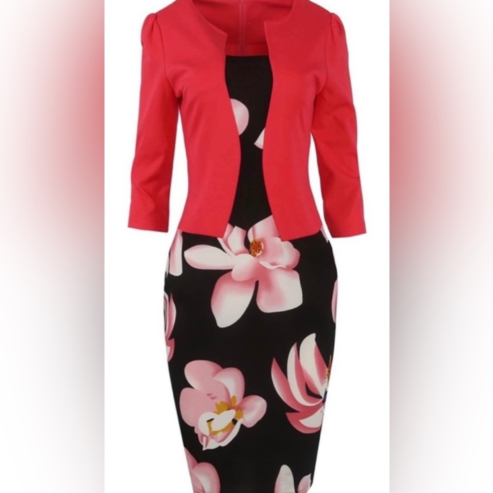 Oxiuli Fashion Floral Business Casual Work Bodycon One-Piece Dress - S